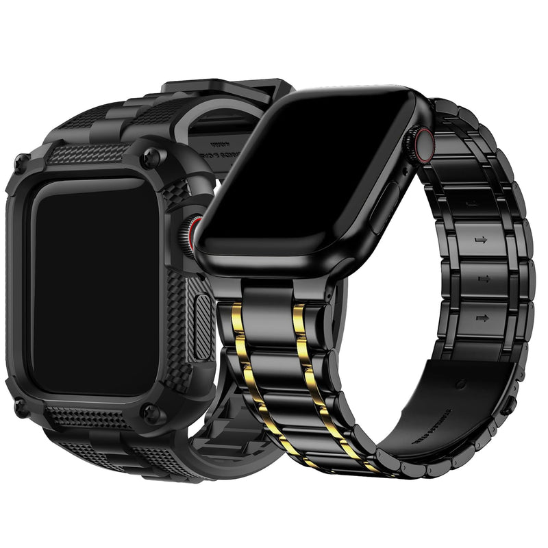 Fullmosa Compatible Silicone Apple Watch Band with Case 49mm Black & Compatible Metal Apple Watch Band with Case 49mm,Black and Gold