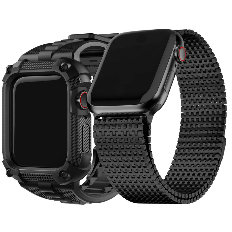Fullmosa Compatible Silicone Apple Watch Band with Case 49mm Black & Compatible Metal Apple Watch Band with Case 49mm,Black