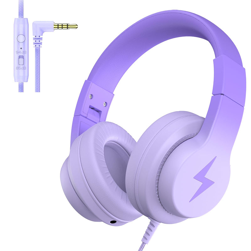 Kids Headphones, Wired Headphones for Kids with Microphone, 85/94dB Volume Limiter Headphones for Girls Boys with Sharing Jack, Foldable Headphones for Online Study, Gradient Deep Purple