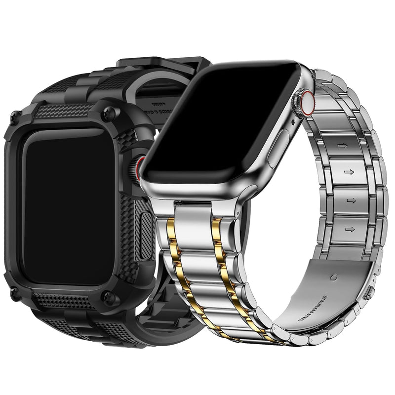 Fullmosa Compatible Silicone Apple Watch Band with Case 45mm Black & Compatible Metal Apple Watch Band with Case 45mm,Silver and Gold