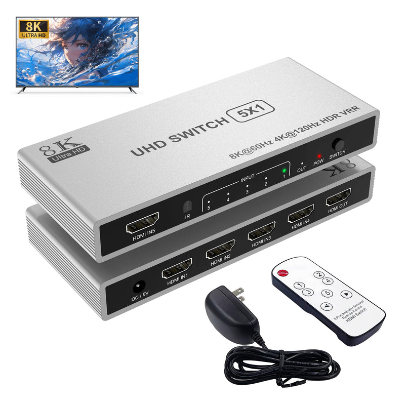 5 Port HDMI 8K Switch with Remote, HDMI 2.1 Switch 4K@120Hz 8K@60Hz HDMI Switcher Splitter 5 in 1 Out, 48Gbps, HDR10+, HDCP 2.3 CEC VRR, for PS5/PS4, Xbox X, TV