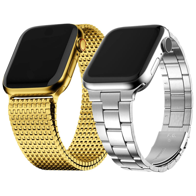 Fullmosa Compatible Metal Mesh Apple Watch Band 44mm/45mm/42mm Gold with Case & Compatible Stainless Steel Apple Watch Band with Case 44mm/45mm/42mm,Silver