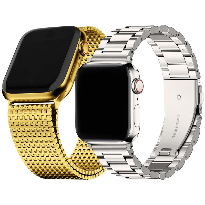 Fullmosa Compatible Metal Mesh Apple Watch Band 44mm/45mm/42mm Gold with Case & Compatible Stainless Steel Apple Watch Band with case 44mm/45mm/42mm,Starlight