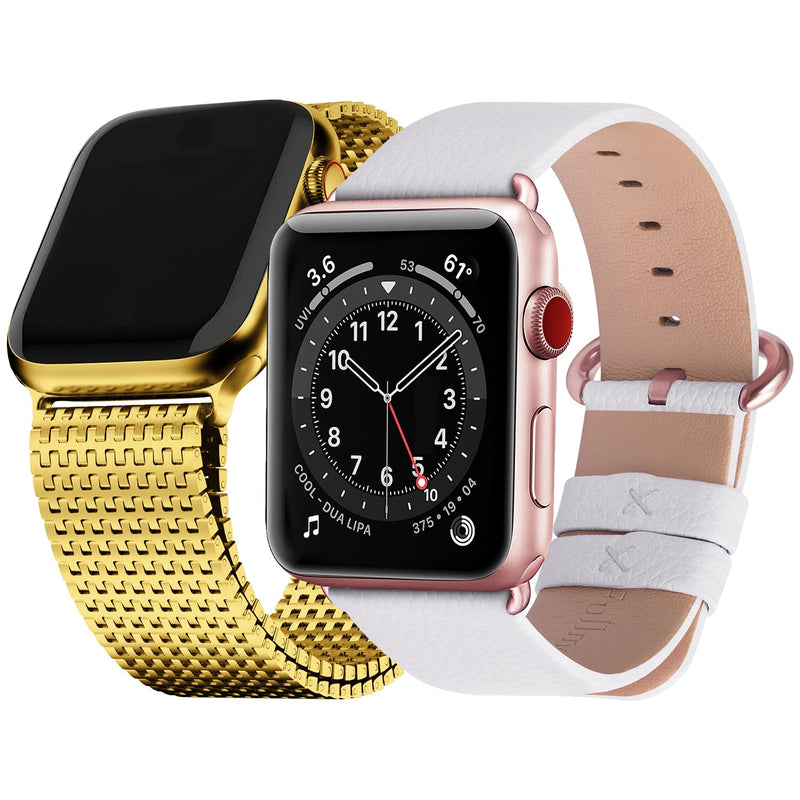 Fullmosa Compatible Metal Mesh Apple Watch Band 44mm/45mm/42mm Gold with Case & Compatible Leather Apple Watch Band 44mm/45mm/42mm,Off-White