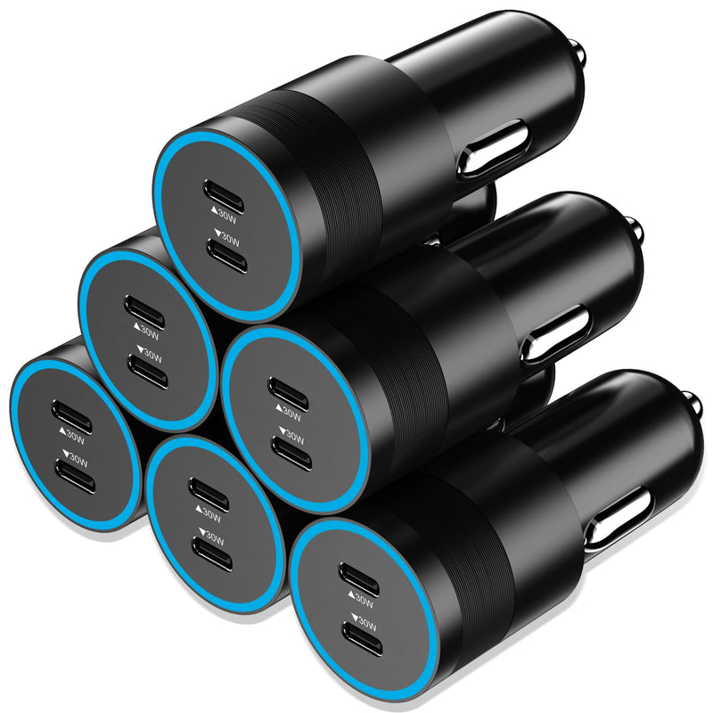 6 Pack 60W USB C Fast Car Charger 2-Port Adapter for iPhone/Android Phones | Dual 30W PD/PPS 12V Cigarette Lighter Bundle Charging for iPhone 17 16 15 14, iPad, Samsung Galaxy S26 S25, Google Pixel 10 9