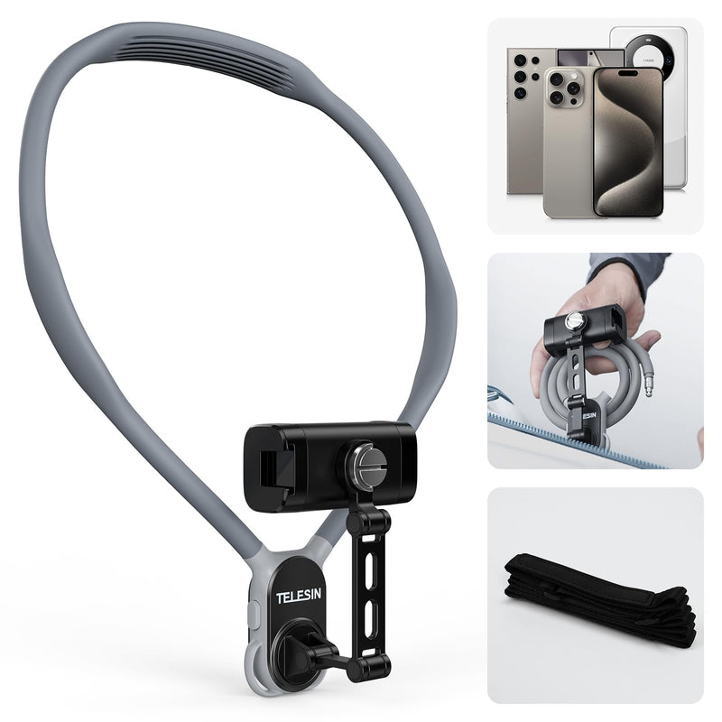 Neck Phone Holder POV/Vlog Neck Mount for Phones with Phone Clip, Hands Free Phone Neck Holder w Chest Strap Neck Selfie Mount Video Recording for iPhone Samsung Google Pixel and All Phones Premium Gray