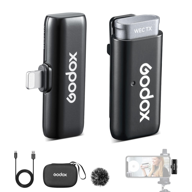GODOX WES1 Kit1 Wireless Microphone for iPhone iPad, 2.4GHz Wireless MFi Certified Lavalier Mic, Plug and Play, Noise Cancelling,656ft, 7g Lightweight for Vlogs/Interviews/Live(1TX + 1RX(Lightning))