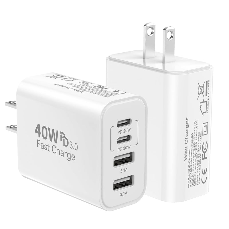 40W USB C Wall Charger Block,4 Port Type C Charger Fast Charging Brick Dual Pd & QC Fast Charger Cube Wall Plug Power Adapter for iPhone 15/14/13/12/11/Pro Max/XS/XR,iPad,Samsung,Pixel,2Pack White