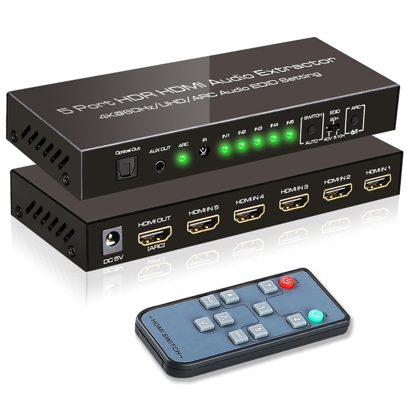 (Upgraded) SkycropHD 5 Port 4K@60Hz HDMI Switch with Optical & 3.5mm AUX Audio Out, 5 in 1 Out HDMI 2.0 Switch Audio Extractor with Remote,Support ARC, HDCP 2.2, HDR10, 18Gbps