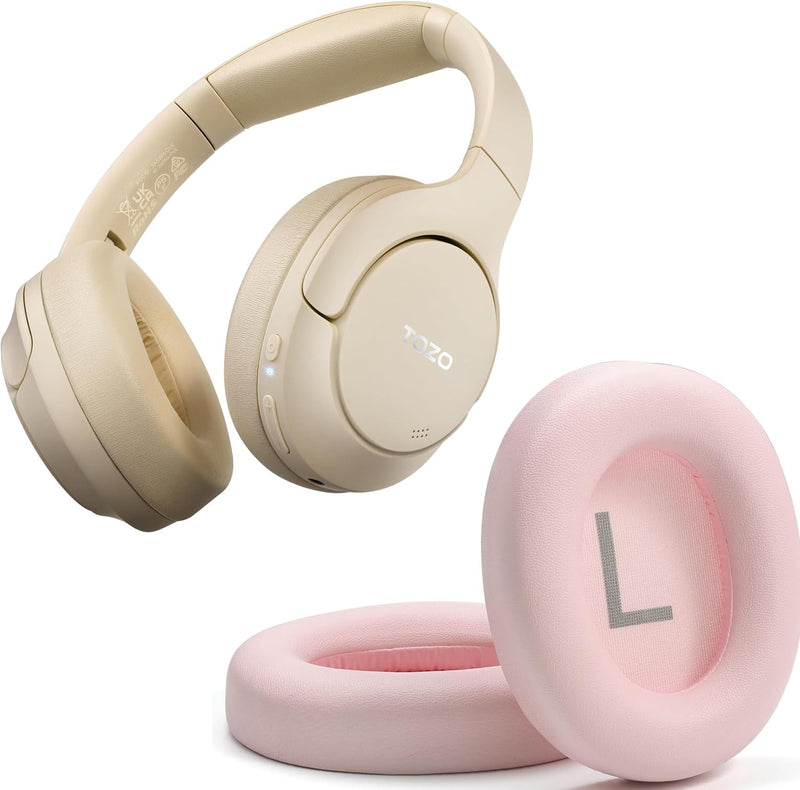 TOZO HT2 Hybrid Active Noise Cancelling Headphones, Wireless Over Ear Bluetooth Headphones Khaki+HT2 Replacement Ear Pads Pink