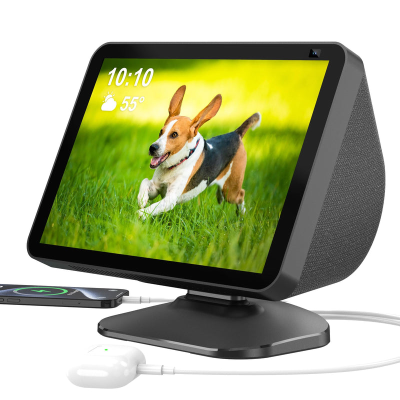 PlusAcc Charging Stand for Show 8 (1st Gen & 2nd Gen) - Adjustable Table Holder with 2 Charging Ports (USB-C & USB-A), Tilt Magnetic Base for Charge Cellphones and Earbuds, Non-Slip Base (Black)