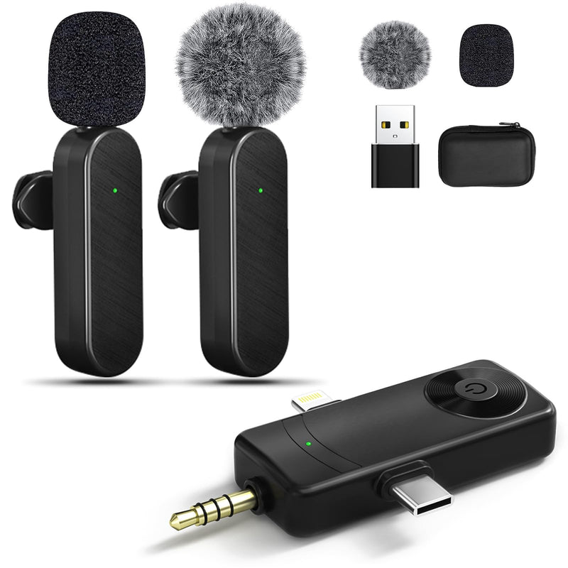 [AUSTRALIA] - Mini Microphone for iPhone Android Camera iPad USB-C, 4 in 1 Professional Wireless Lavalier Lapel Microphone for Recording, Live Stream, YouTube, Facebook, TikTok, Vlog (2 Pcs) 