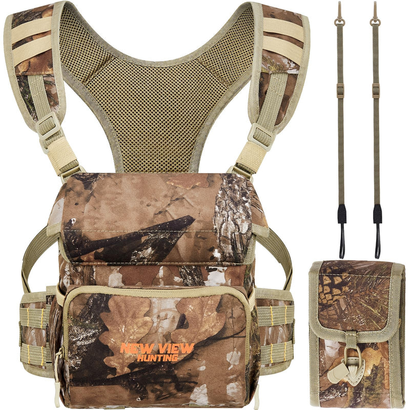 NEW VIEW Binocular Harness Chest Pack with Detachable Rangefinder Pouch, Adjustable Bino Harness & Rain Cover, Ideal for Hunting, Hiking - Camo & Quiet L
