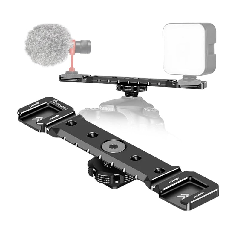 Dual Cold Shoe Mount Bracket, Camera Cold Shoe Extension Mount Aluminum Alloy Dual Cold Shoe 1/4"-20 Thread Holes Cable Slot for Flash LED Video Light Microphone Camera Camcorder