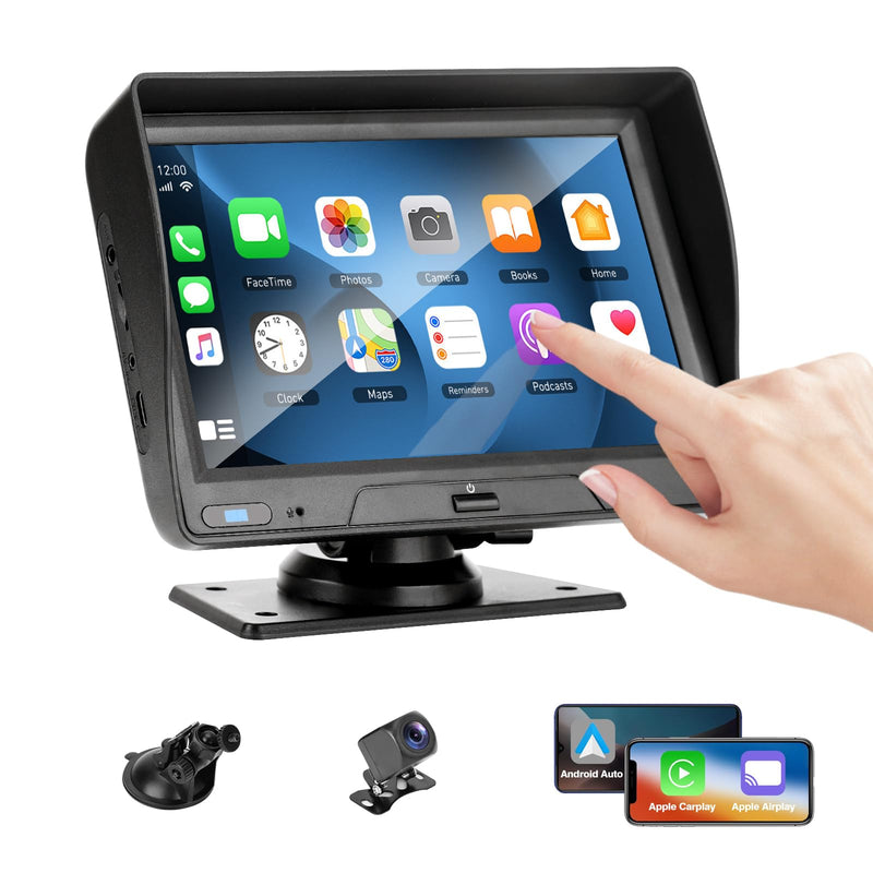 EVERSECU 7 Inch Touch Screen Car Stereo & Backup Camera, Apple CarPlay & Android Auto, Portable Car Radio with Bluetooth Hands-Free/Mirror Link/Maps Navigation/Voice Control/AUX, for Truck, SUV