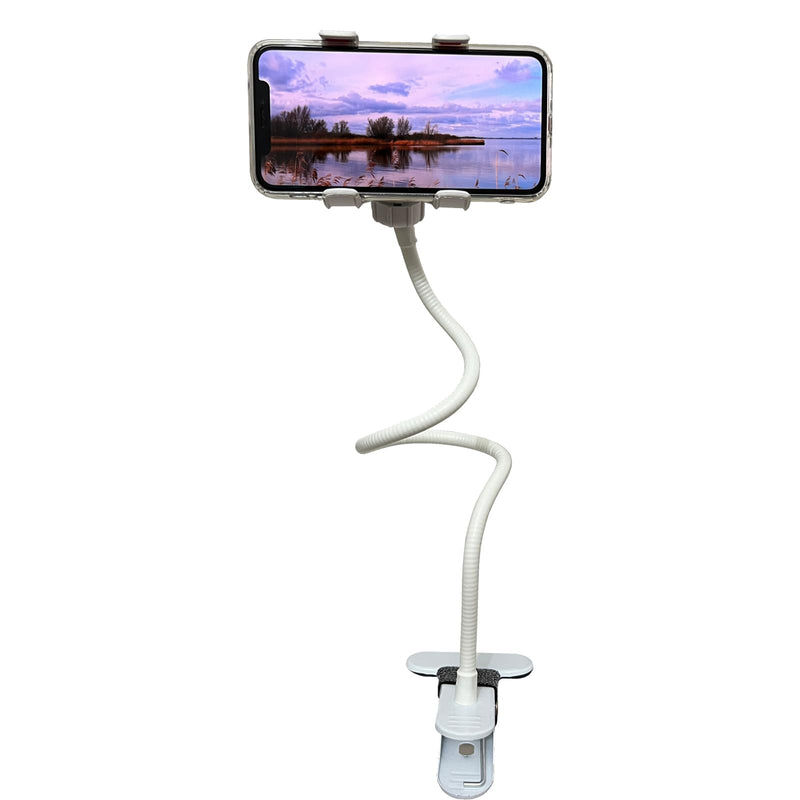Lazy Bracket Universal 360 Degree Rotation Flexible Long Arms Gooseneck Cell Phone Holder, Adjustable Clamp Clip Desktop Bed Mobile Phone Stand for Bedroom, Office, Kitchen (White) White