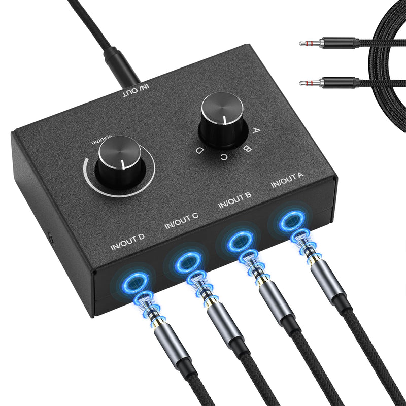 [AUSTRALIA] - 4 Way 3.5mm Stereo Audio Switch, AUX 3.5mm Audio Switch Audio Switcher Passive Speaker Headphone Manual Selector Splitter Box Audio Sharing (4/1 in -1/4 Out) 4 Port Black 