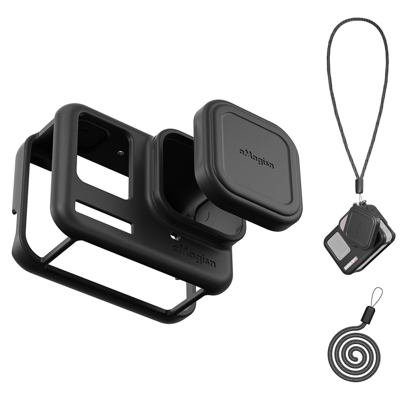 Silicone Protective Case for Insta360 Ace Pro, 360 Ace Pro Silicone Case with Silicone Lens Cap, 360 Ace Pro Accessories Including Silicone Case+Silicone Lens Cover + Anti-lost Lanyard(Black) Black