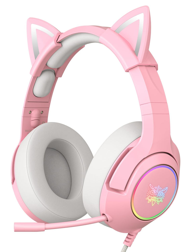 [AUSTRALIA] - PHNIXGAM Cat Ear Gaming Cute Headset, Wired Over-Ear Headphones with Retractable Microphone, Surround Sound, LED Backlight for PS4, PS5, PC, Mobile Phone (Light Pink) A Pink 3.5mm 