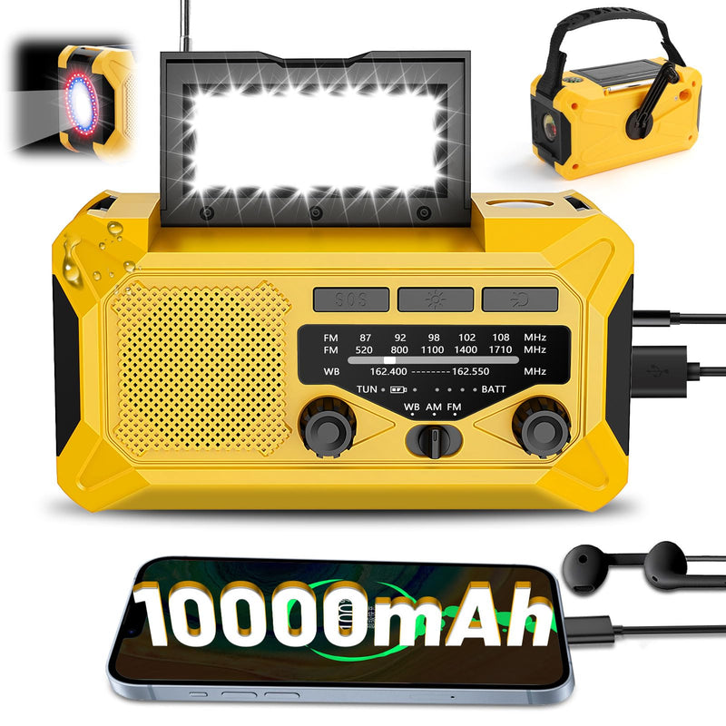 10000mAh Emergency Hand Crank Radio with LED Flashlight, AM/FM NOAA Portable Weather Alert Radio, Solar Powered Radio with Phone Charger, USB Charged, Headphone Jack, SOS Alarm, Compass (Yellow) yellow