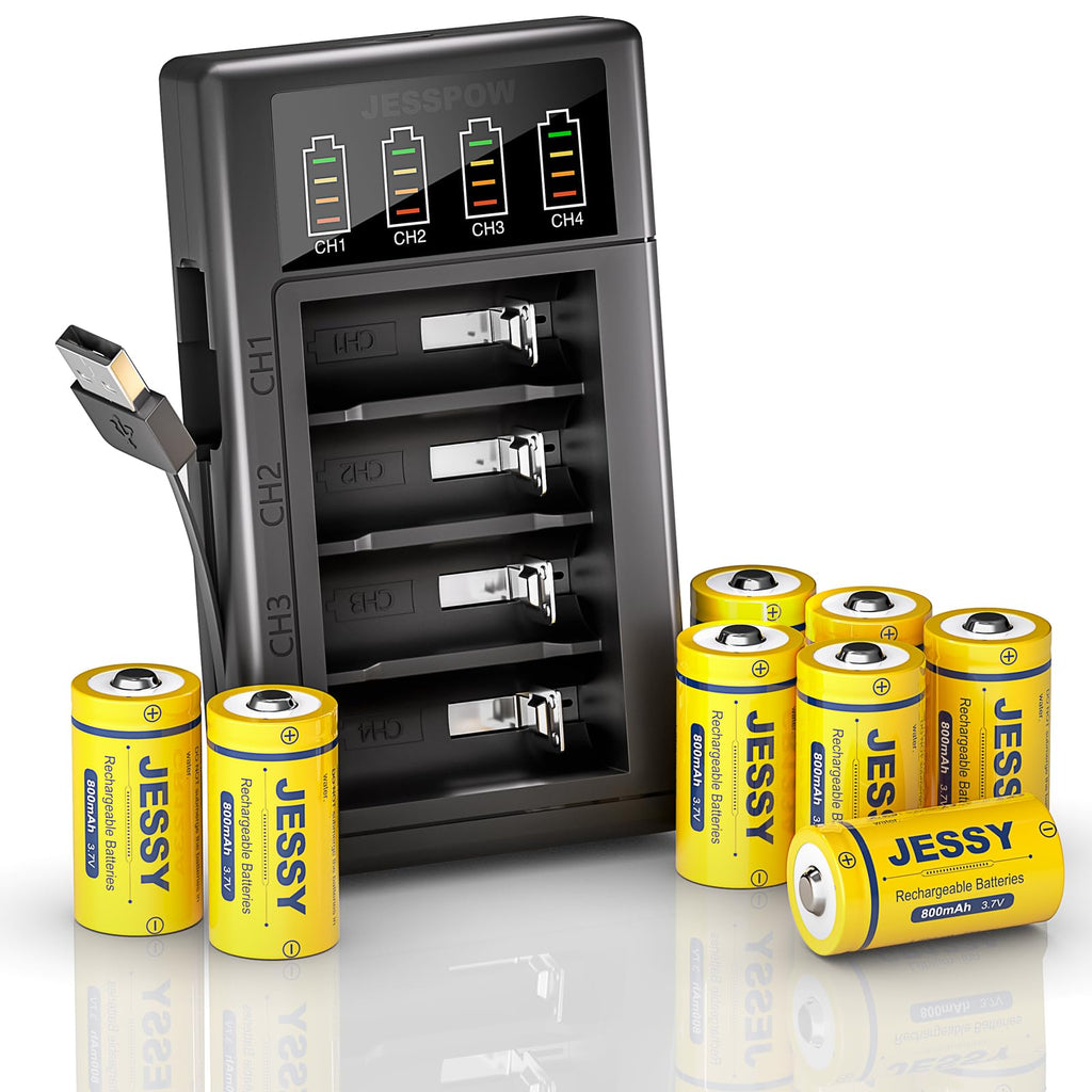 JESSY 8 Pack CR123A Rechargeable Batteries and Charger, 3.7V 123A Battery Compatible with Arlo Cameras VMC3030 VMK3200 VMS3330 3430 3530, Flashlights