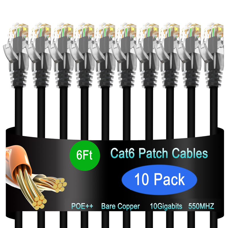 Cat6 Ethernet Patch Cable 6 ft (10 Pack), Cat6 Patch Cable for Data Centers, Cat 6 Patch Cable 10G, Network Patch Cables for Home and Enterprise Network -Black Black 6ft