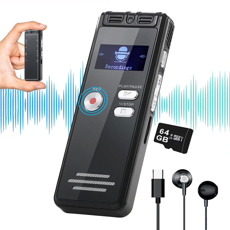 [AUSTRALIA] - 64GB Digital Voice Activated Recorder with Playback - 4552 Hours Audio Recording Device, 3072Kbps HD Dual MIC Tape Recorder Device for Lecture A-B Repeat, MP3 Player, Password,【64GB TF Card Included】 64GB 