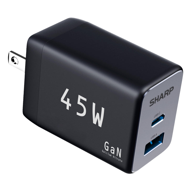 Sharp USB C Charger, 45W, 2 Port (USB A+C) Compact Foldable GaN Fast Charge for iPhone 15/15 Plus/15 Pro/15 Pro Max/14, Galaxy, Pixel 4/3, iPad/iPad Mini - Black