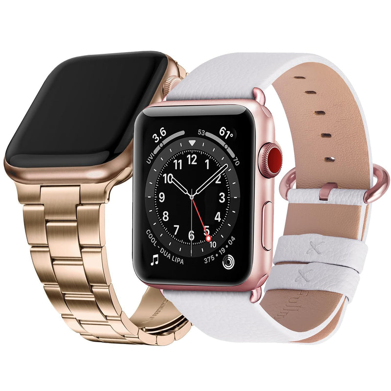 Fullmosa Compatible Stainless Steel No tools needed Apple Watch Band 41mm/40mm/38mm Rose Gold with Case & Compatible Leather iWatch Band 41mm/40mm/38mm,Off-white