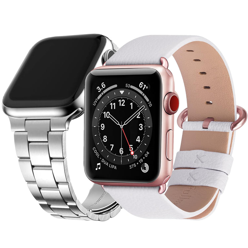 Fullmosa Compatible Stainless Steel No tools needed Apple Watch Band 41mm/40mm/38mm Silver with Case & Compatible Leather iWatch Band 41mm/40mm/38mm,Off-White