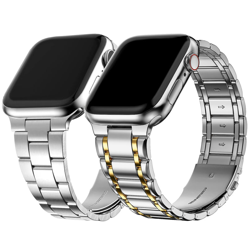 Fullmosa Compatible Metal No tools needed Apple Watch Band 44mm/45mm/42mm Silver with Case & Compatible Stainless Steel Apple Watch Band with case 44mm/45mm/42mm,Silver with Gold