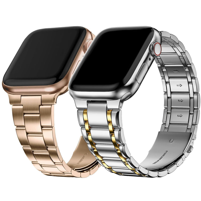 Fullmosa Compatible Stainless Steel No tools needed Apple Watch Band 41mm/40mm/38mm Rose Gold with Case & Compatible Metal iWatch Band with case 41mm/40mm/38mm,Silver with Gold
