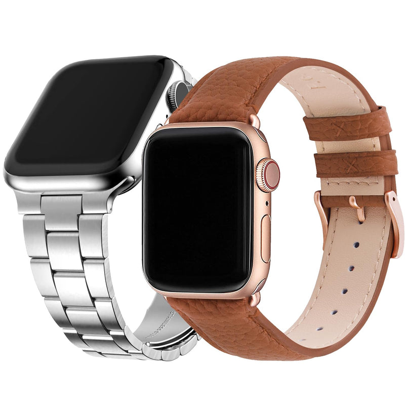 Fullmosa Compatible Stainless Steel No tools needed Apple Watch Band 41mm/40mm/38mm Silver with Case & Compatible Leather iWatch Band 41mm/40mm/38mm,Brown+Rose Gold