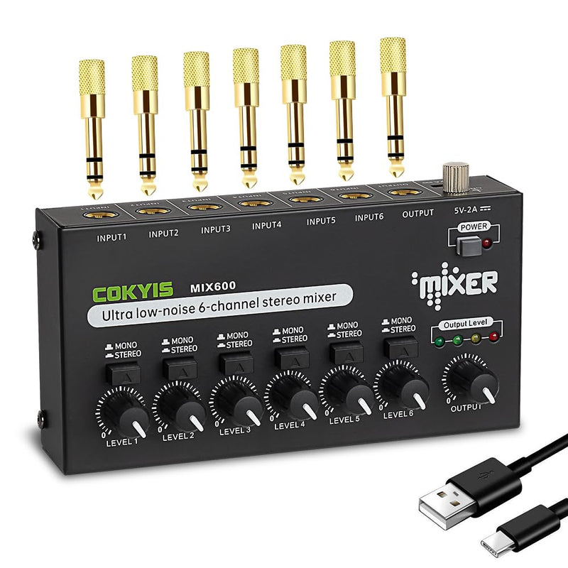 [AUSTRALIA] - Mini Audio Mixer, 6-Channel Stereo Line Mixer for Precision Sub-Mixing, with Ultra Low-Noise Operation, Independent Microphone Control, 1/4" TRS Input/Output-for Guitars, Bass, Stage Mixer 