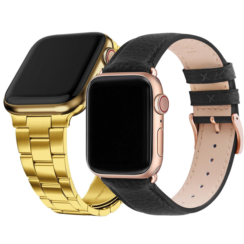 Fullmosa Compatible Metal No tools needed Apple Watch Band 44mm/45mm/42mm Gold with Case & Compatible Leather Apple Watch Band 44mm/45mm/42mm,Black+Rose Gold