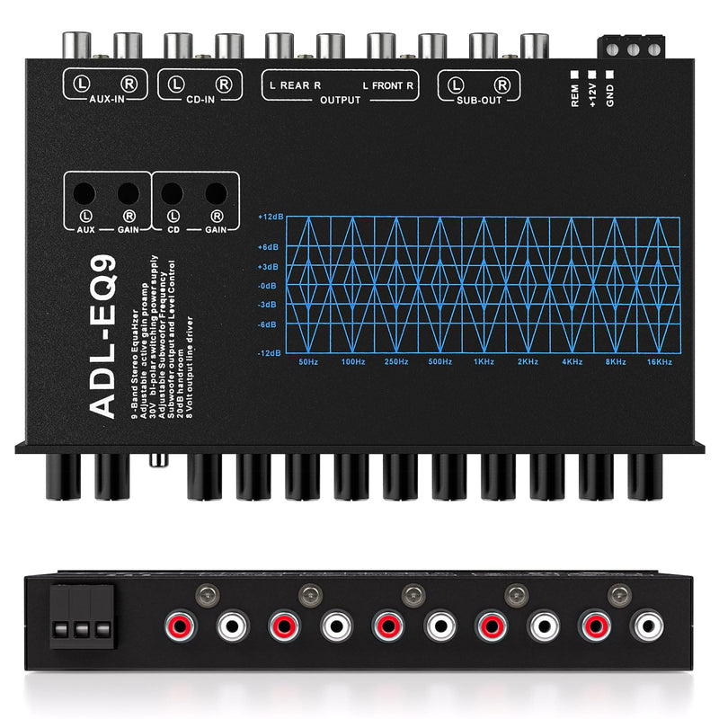 9 Band Car Audio Equalizer w/Front,Rear + Sub Output, 8V RMS Line Driver | Car Graphic Equalizer EQ, Frequency Adjustable Audio Output for Car, Boat W/CD/AUX Input, White Light Illumination 9 - Band