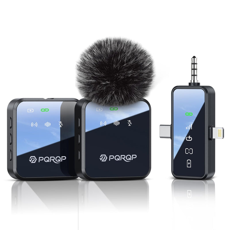 [AUSTRALIA] - PQRQP 3 in 1 Microphone for iPhone/Android/Camera, Wireless Microphones, 328ft Transmission, 18H Battery Life, Mini Microphone for Record Interview, Vlogs, YouTube, Tiktok, Preamps Ebony Black 