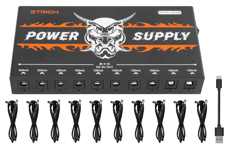 STRICH SPS-40B Pedal Power Supply with Built-in 10000mAh 10 Outputs DC 9V (2x300mA, 8x100mA) Jacks for Guitar Bass Pedals, Rechargeable Battery Guitar Effect Pedal Power, 5V/1A USB Port, Noiselessly