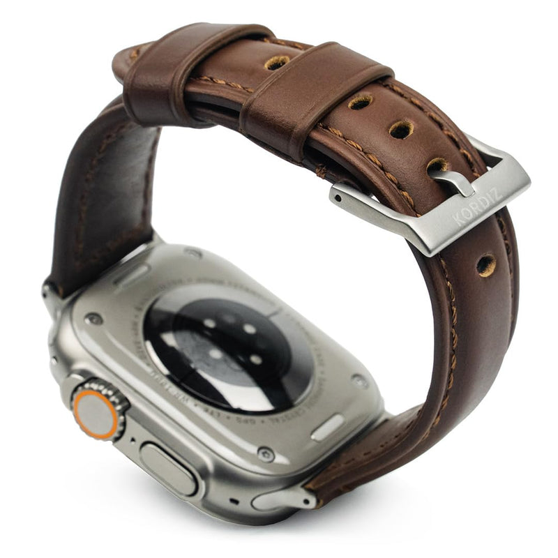 KORDIZ Traditional Leather Band for Apple Watch ULTRA 3, ULTRA 2/1 & Series 11, 10, 9, 8, 7-1, SE3, SE2, SE - Genuine Full Grain Leather Wristband - Men Women Replacement Band for iWatch Apple Watch [ 49mm 46mm 45mm 44mm ] ULTRA Silver 49mm | Dark Brown
