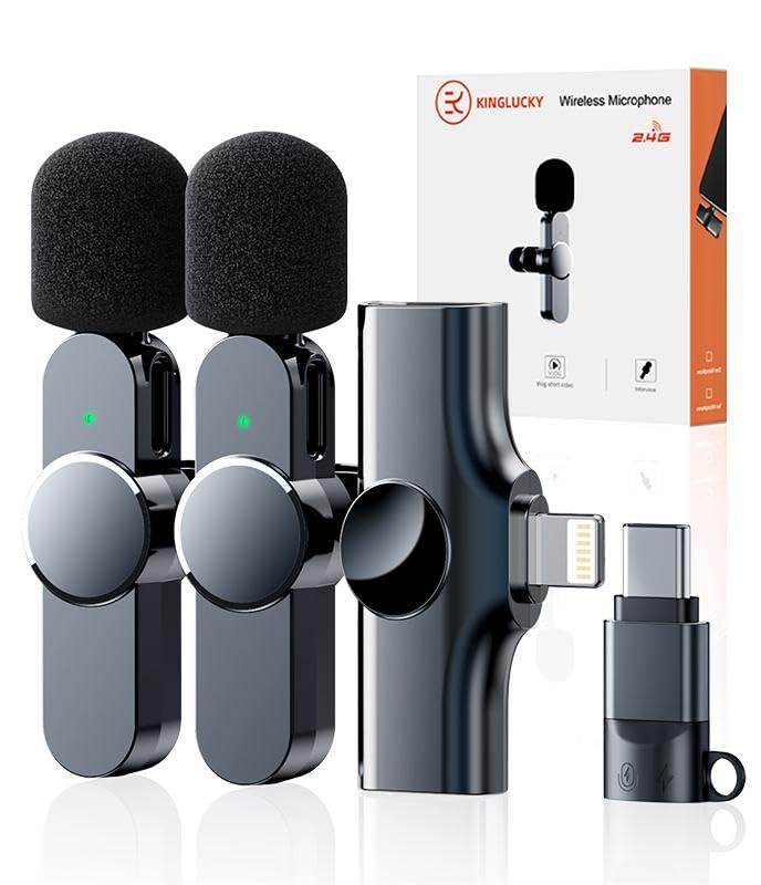 Kinglucky 2 Pcs Lavalier Mini Microphone for iPhone iPad Android Professional Noise Cancelling [360° Pick Up] Wireless Lavalier Microphone for Video Recording, Interview, YouTube, Live Streaming