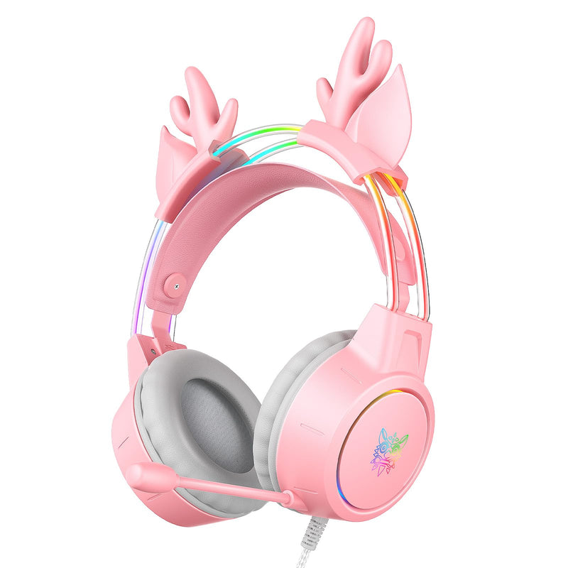 [AUSTRALIA] - Lightweight Gaming Headset with Detachable Deer Ears, RGB Lighting, Wired Over Ear Headphones with Mic for PC, PS4, PS5, Xbox, Switch, Stereo Surround Sound, Self-Adjusting Headband Pink Deer Ear 