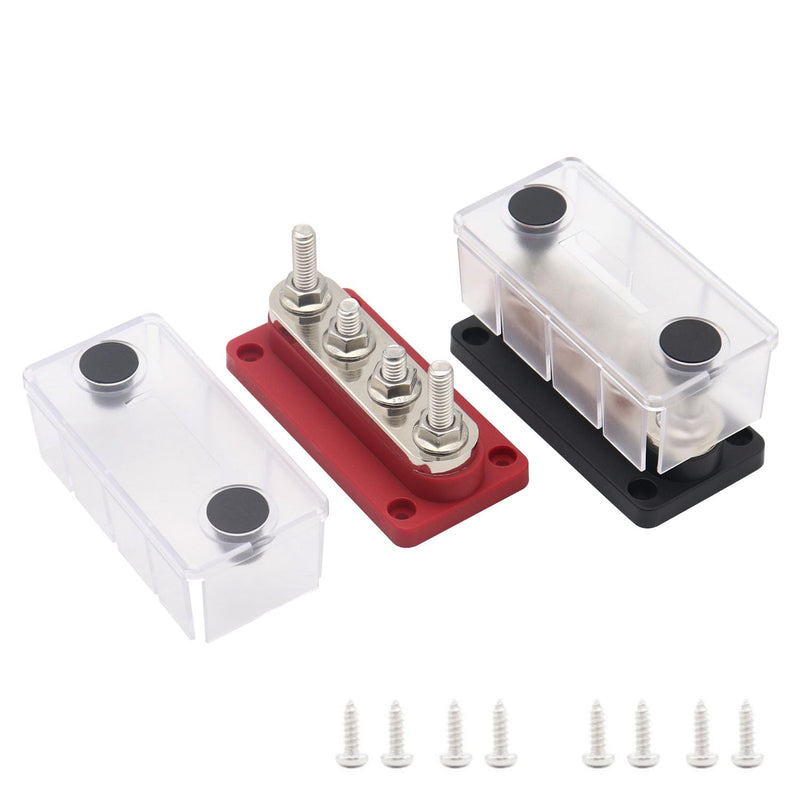 300A Bus Bar Power Distribution Block Terminal 4 x 5/16" (M8) | Heavy Duty Busbar Powerbar with Cover for Automotive, Car, Solar Wiring - Positive&Negative |12V-48V DC Red&Black 300A-4x 5/16"- Black& Red