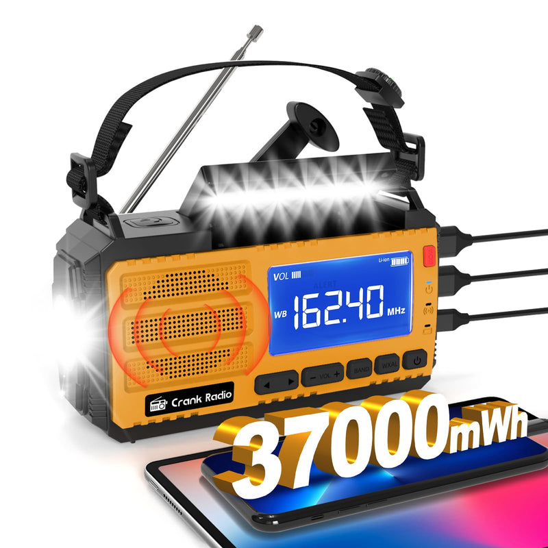 Emergency Weather Radio Solar Hand Crank Emergency Radio 37000mWh AM/FM NOAA Weather Radio with LCD Display 3 Mode Flashlight SOS Alarm Compass Headphone Jack for Winter Storm Emergency Orange