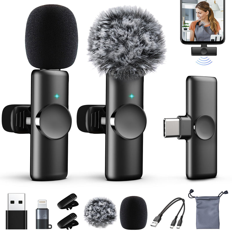 2 Packs Wireless Lavalier Microphone for iPhone 15/iPad/Android/Phone/PC/Laptop, Plug-Play Mini Mic with Noise Reduction, Lapel USB C Microphone for Video Recording, Interview, Vlogging 2-Pack