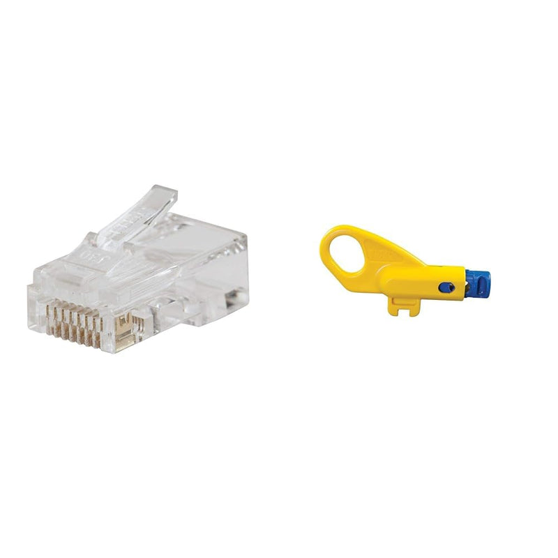 Klein Tools VDV826-703 Pass-Thru Modular Data Plug, RJ45 CAT6, Gold Plated, Pass Through Connectors 50-Pack & VDV110-261 Twisted Pair Radial Stripper
