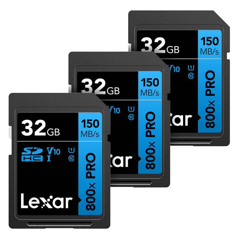 Lexar 32GB (3-Pack) High-Performance 800x PRO SDHC UHS-I Memory Card, C10, U1, V10, 4K UHD Video, Up to 150MB/s Read, for Point-and-Shoot & Mid-Range DSLR Cameras, HD Camcorders (LSD0800P032G-B3NNU) 3-Pack