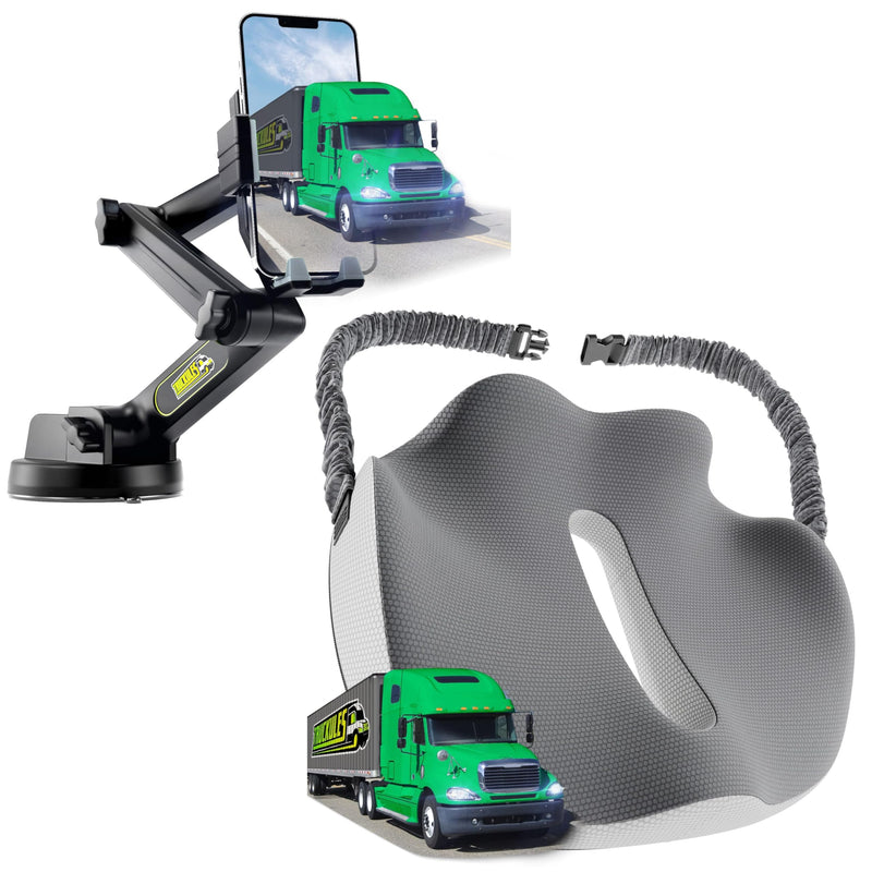Gray Semi Truck Phone Mount & Truck Seat Cushion, Heavy Duty Cell Phone Device Holder for Dashboard Windshield Window & Ultimate Memory Foam Trucker Seat Cushion (1 Device Mount & 1 SC)