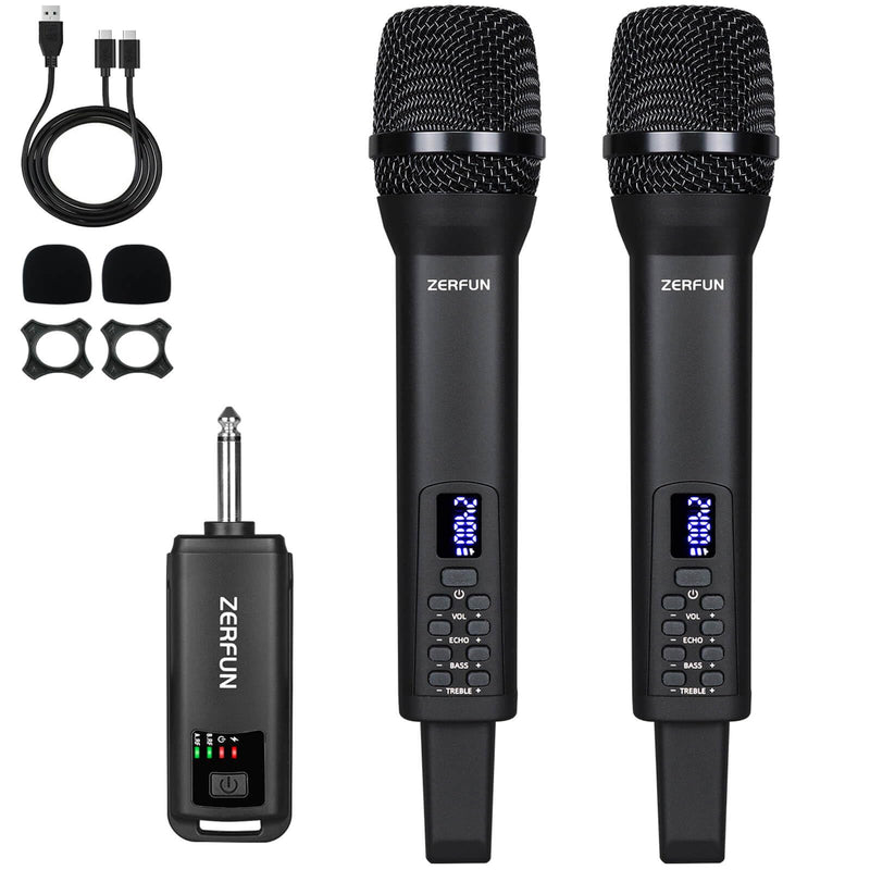 [AUSTRALIA] - Dual Rechargeable Wireless Microphones, Pro Handheld Cordless Mics System with Echo Treble BASS VOL Control for Karaoke Singing Church Party, 1/4'' Output, Black 2 Mics, Black 