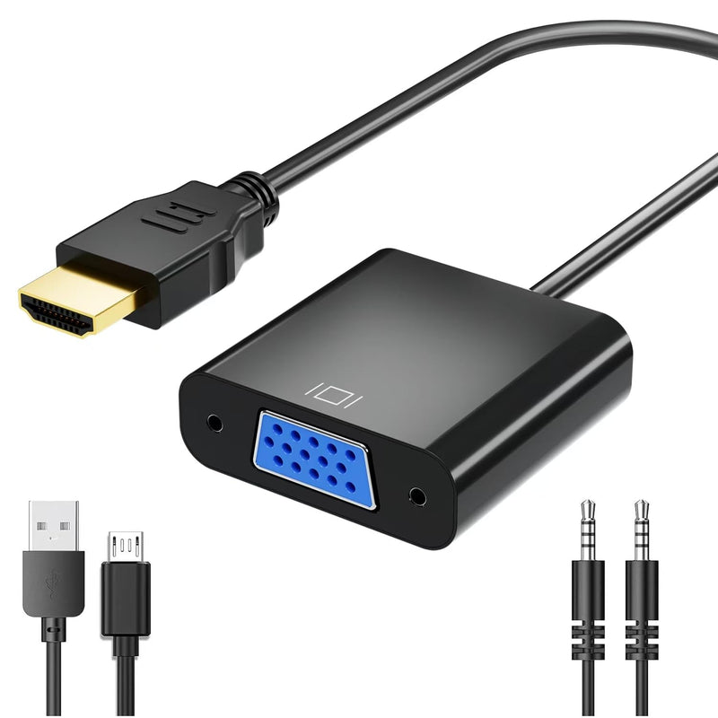 Gold-Plated HDMI to VGA Adapter 1080P Video Converter Male to Female with 3.5mm Audio Port and miniUSB to USB port for PC, Laptop, DVD, Monitor, Projector, HDTV, Chromebook, Raspberry Pi and More