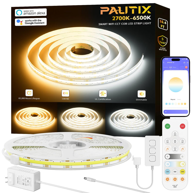 PAUTIX CCT COB LED Strip Light White Tunable 3200LEDs,CRI90+ 16.4ft/5m Dimmable 2700K-6500K 24V LED Tape Lights Kit,Work with Alexa/Google Assistant,for Under Cabinet Bedroom Kitchen DIY Lighting 2700K-6500K/16.4ft(Support Voice Activation)